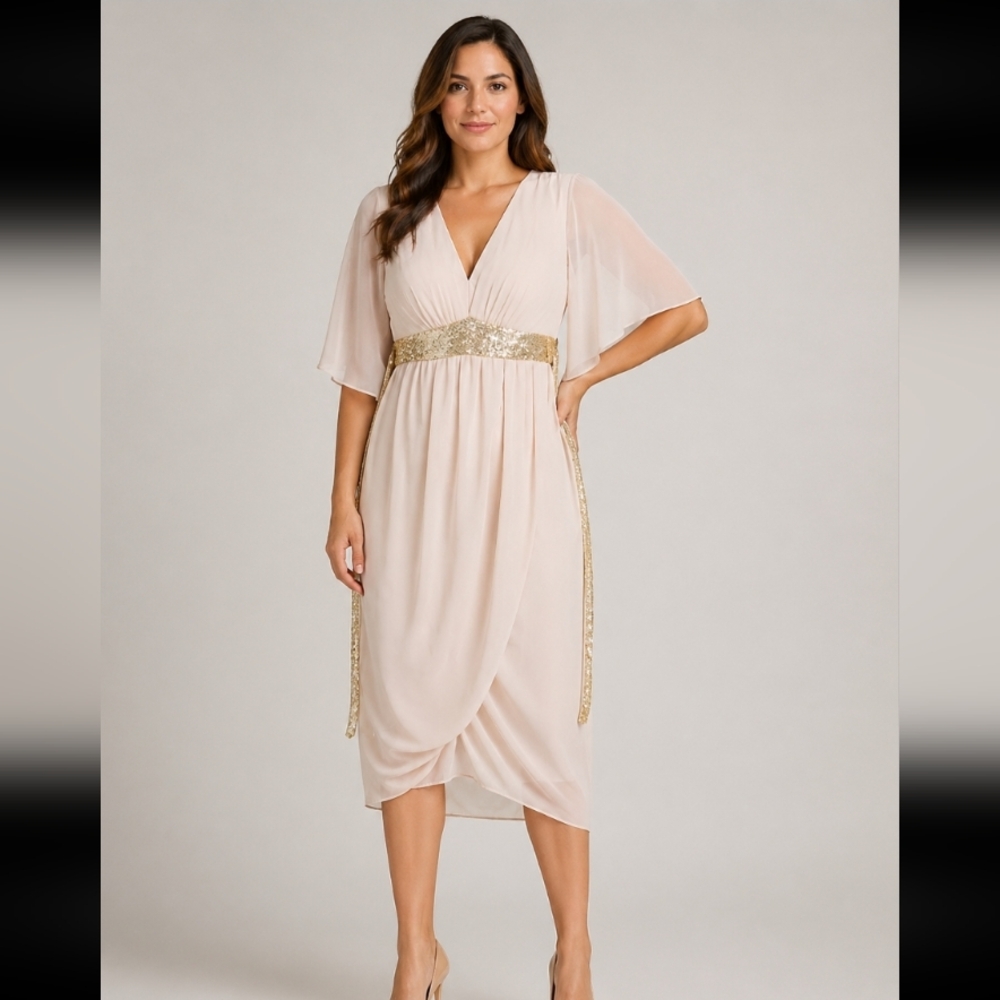 LONDON DRESS CO Sheer Sequined Attached Belt Flowy Wrapped Elegant Dress Size 4